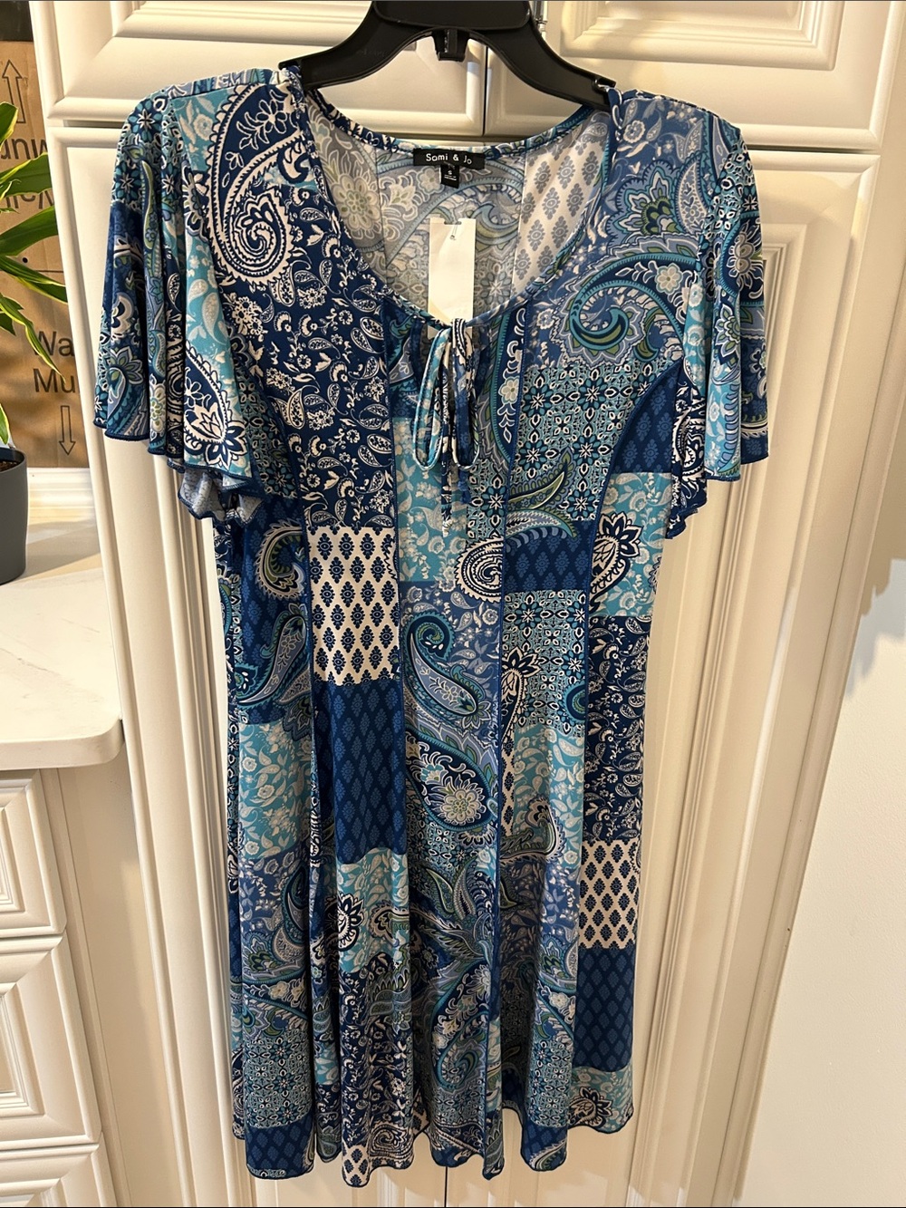 Sami & Jo Blue Paisley Patchwork Tie-Neck Midi Dress
